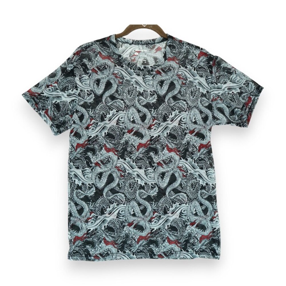 WOMEN’S All Over Print Dragon Pattern Mesh Top Tee Short Sleeve‎ Size XL